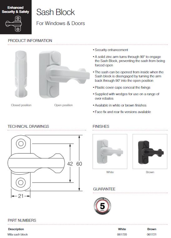 Mila Enhanced Security & Safety Sash Block For Windows & Doors - White