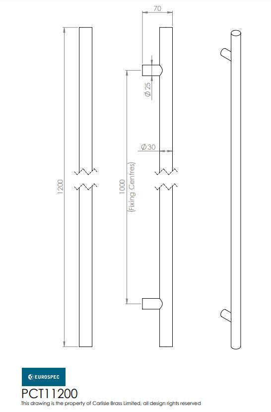 Eurospec Steelworx Grade 316 Stainless Straight T Bar Type Pull Handle 30mm Diameter