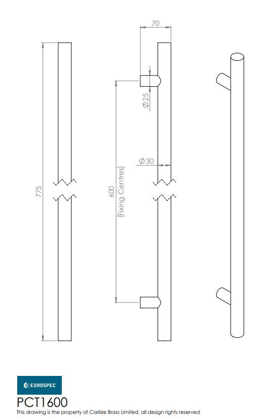 Eurospec Steelworx Grade 316 Stainless Straight T Bar Type Pull Handle 30mm Diameter
