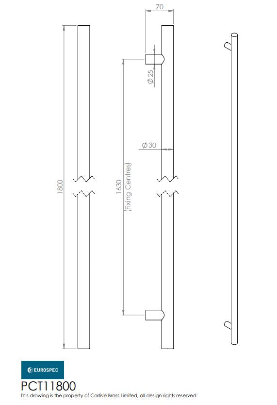 Eurospec Steelworx Grade 316 Stainless Straight T Bar Type Pull Handle 30mm Diameter