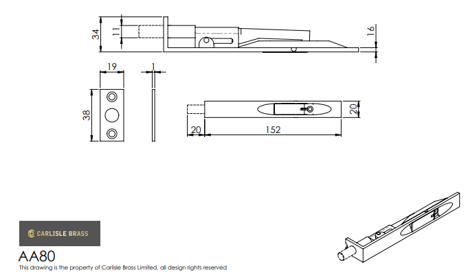 Carlisle Brass AA80 152mm Lever Action Flush Bolt