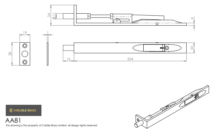 Carlisle Brass AA81 204mm Lever Action Flush Bolt