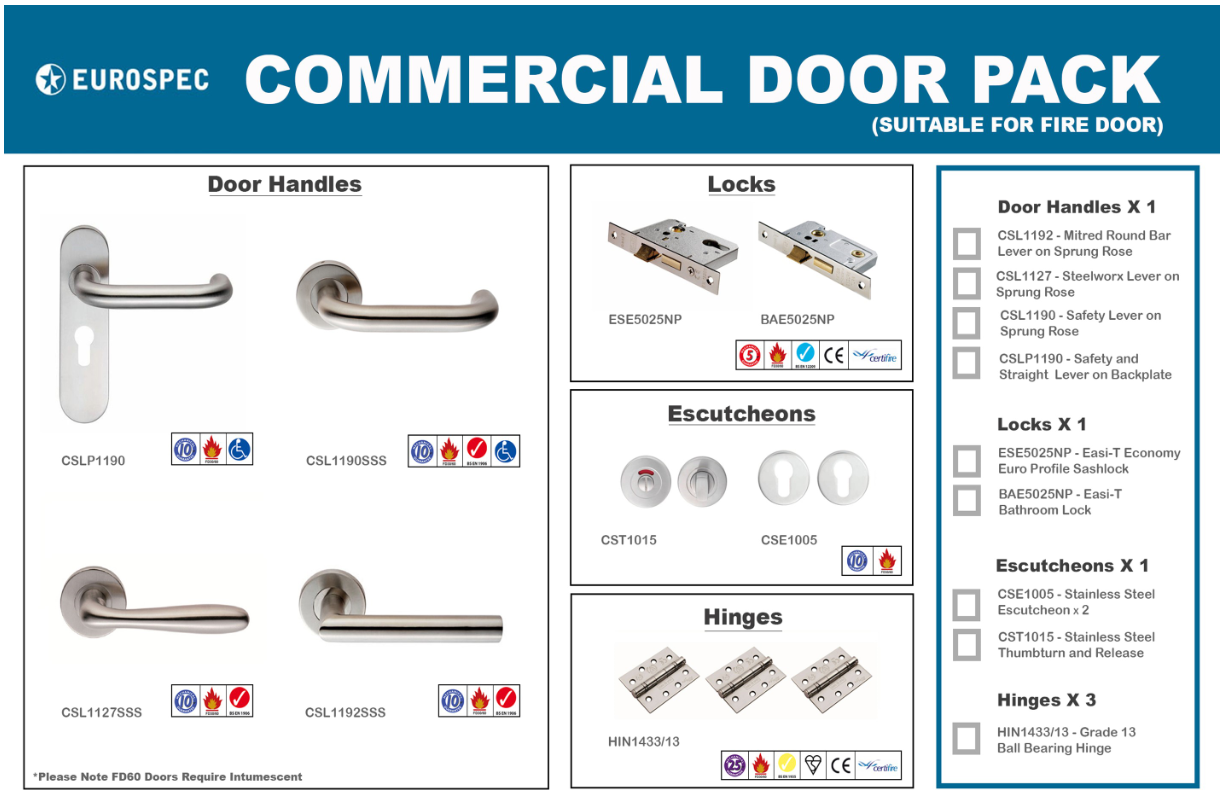 Eurospec Commercial Door Pack BS8300 Return To Door Lever,Locks & Hinges