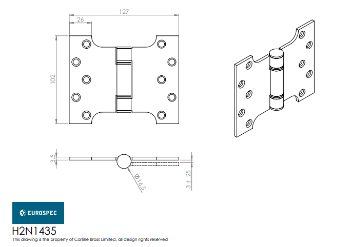 Eurospec H2N1435/13 Grade 13 Parliament Hinge 102x127x3.5mm