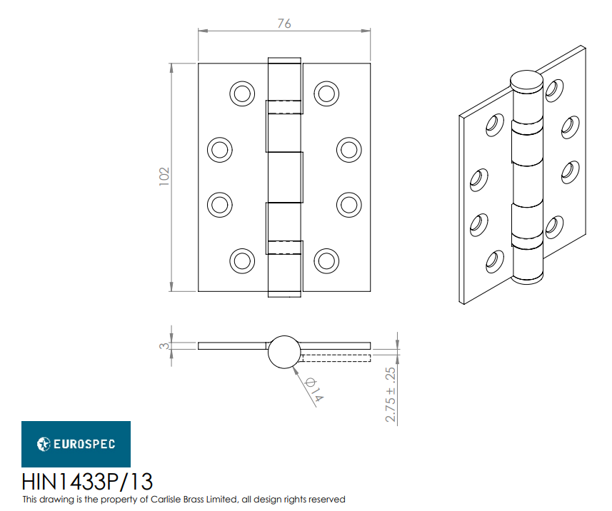 Eurospec HIN1433P/13 102x76x3mm Grade 13 Ball Bearing Butt Hinge - Finishes Range