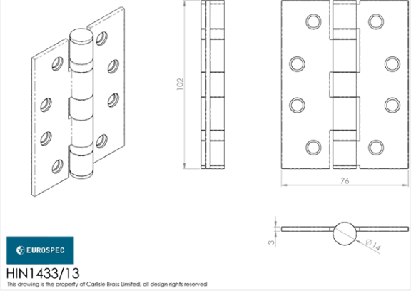 Eurospec Square Corner HIN1433/13 102x76x3mm Grade 13 Ball Bearing Butt Hinge