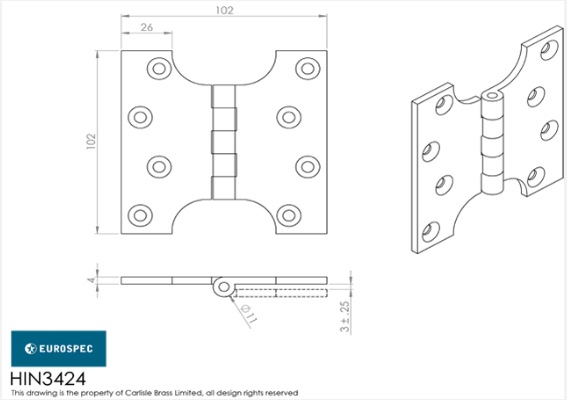 Carlisle HIN3424 Parliament Hinge 102x102x4mm