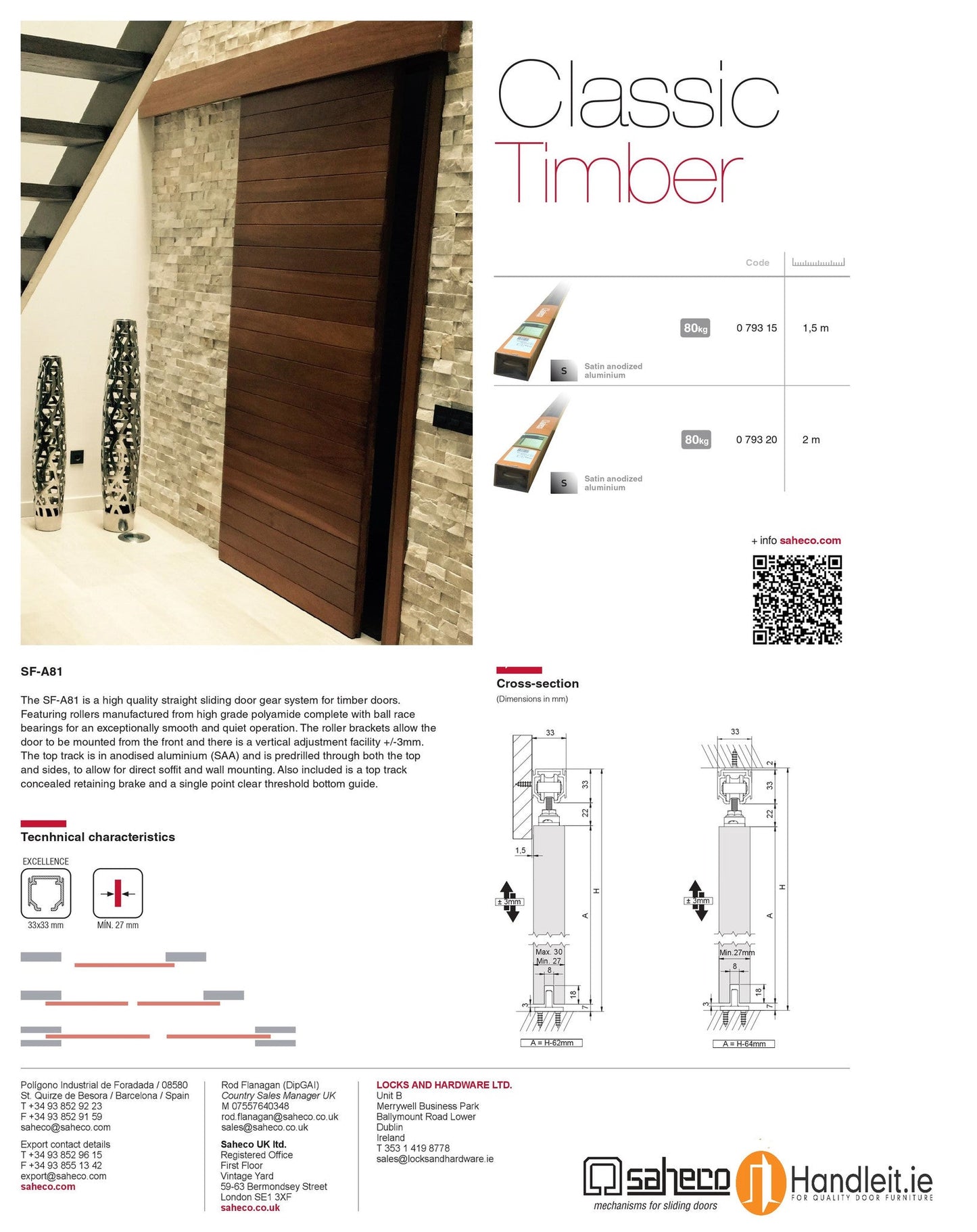 Saheco SF-A81 Internal Two Door Sliding Door Kit 2 Meter