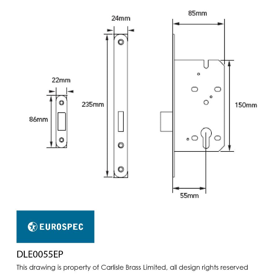 Eurospec DLE0055 55mm DIN Euro Dead-lock Case Square Forend CE Certified