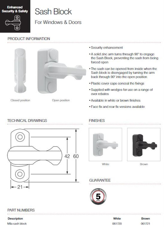 Mila Enhanced Security & Safety Sash Block For Windows & Doors - White