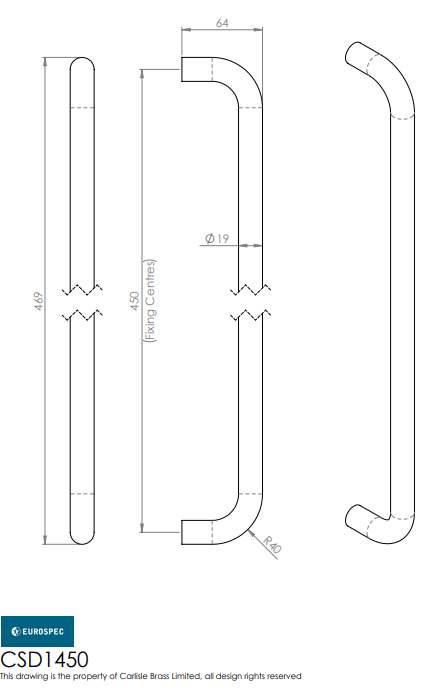 Eurospec Steelworx Grade 304 Stainless Steel D Type Pull Handle