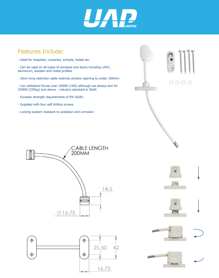 UAP Push & Turn Keyless Safety Window Cable Restrictor