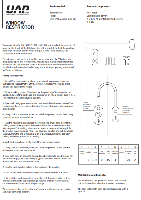 UAP Push & Turn Keyless Safety Window Cable Restrictor